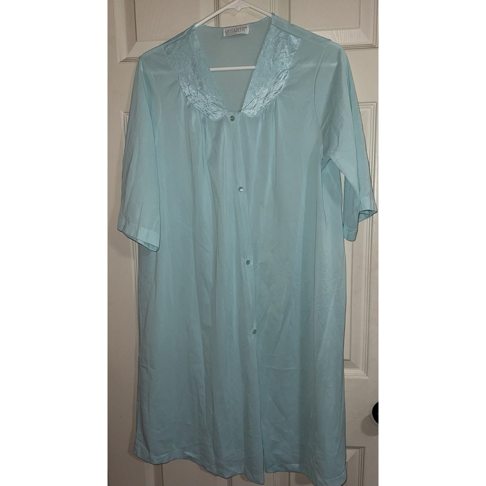 Vintage Vassarette Sz Large Robe Teal Nylon Collared Grannycore Made In USA
